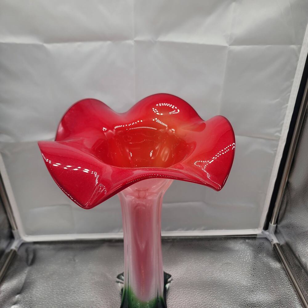 Murano Style Vase Cased Art Glass Large Exquisite Red Green White Vase 14.5x9’’